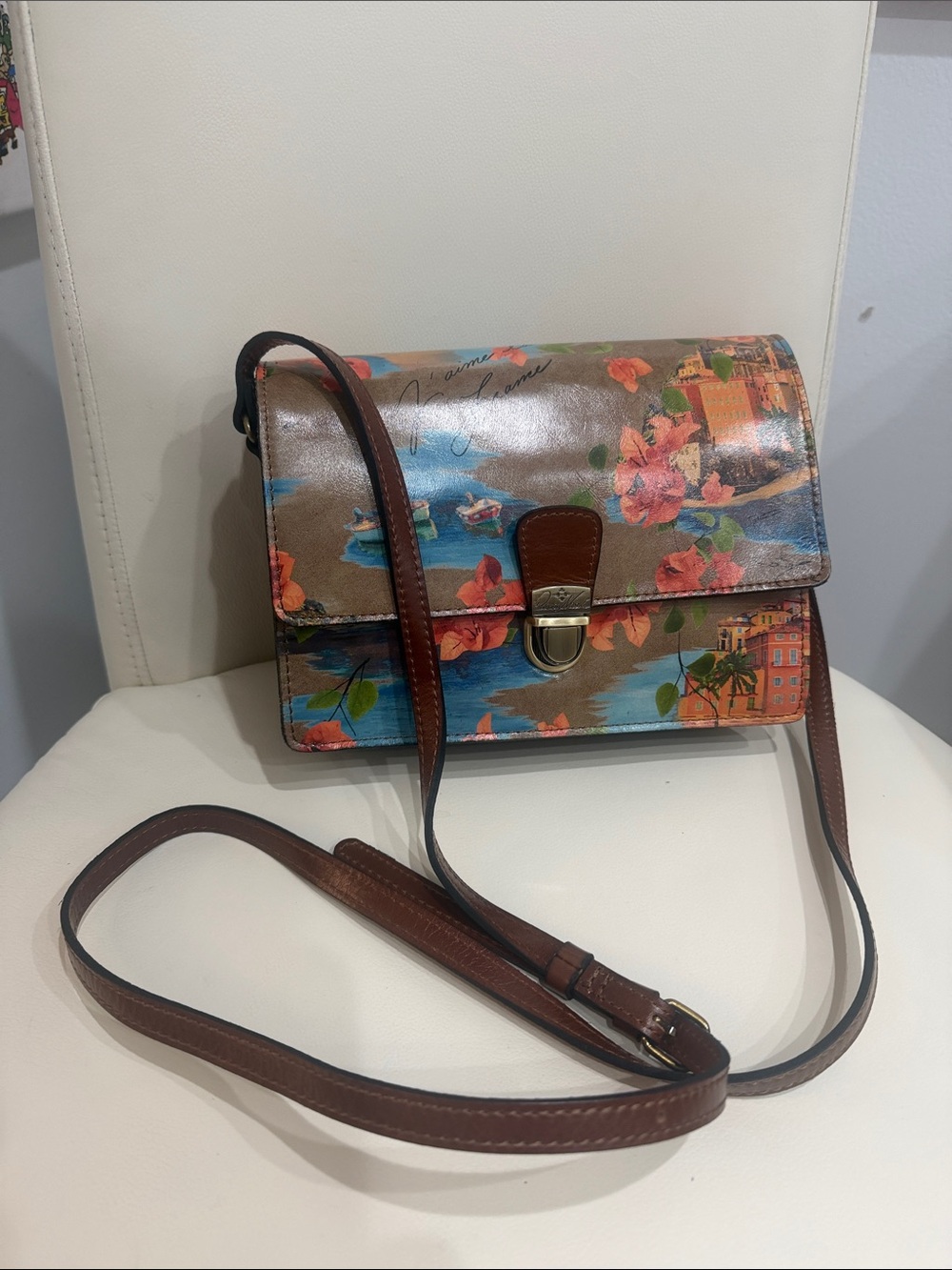 Patricia Nash Brown/Blue/Orange Floral/French Riveria Satchel/Crossbody Bag